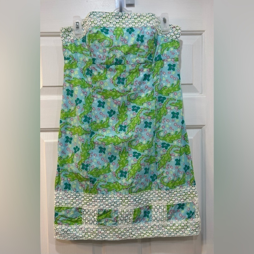 Lilly Pulitzer Dress Bowen Turquoise Gator Patch Print Lace Trim‎ Strapless Sz 4